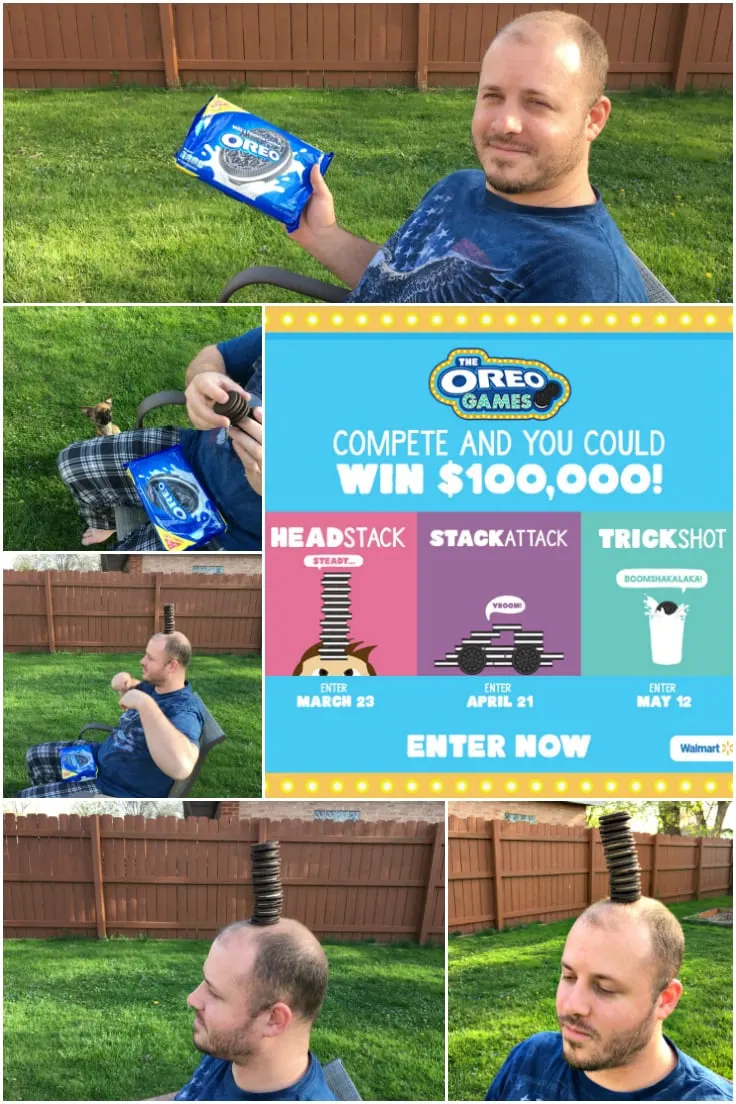 Man outside holding oreos and stacking them on his head for a contest. 