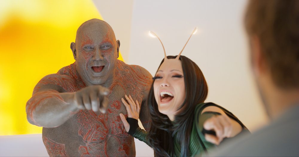 Guardians Of The Galaxy Vol. 2 Drax (Dave Bautista) and Mantis (Pom Klementieff) Film Frame. ©Marvel Studios 2017.