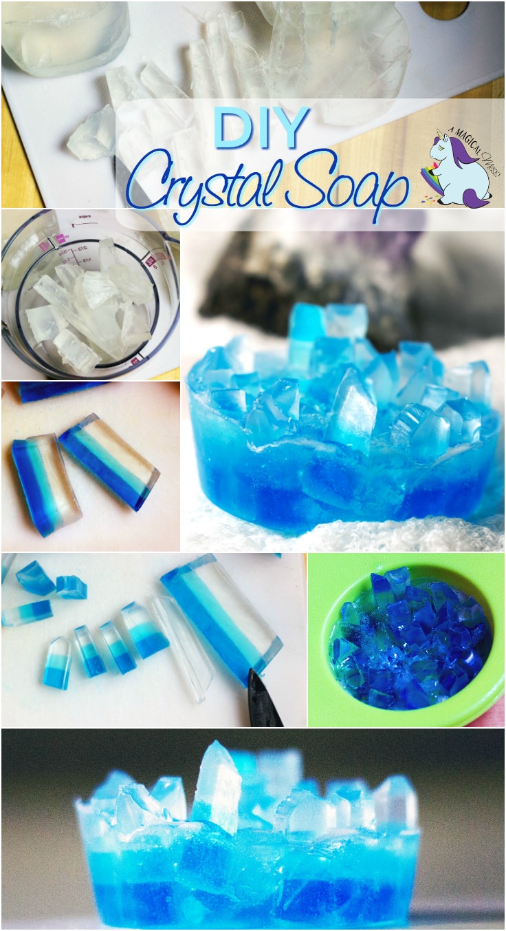 Collage of DIY crystal soaps with process steps