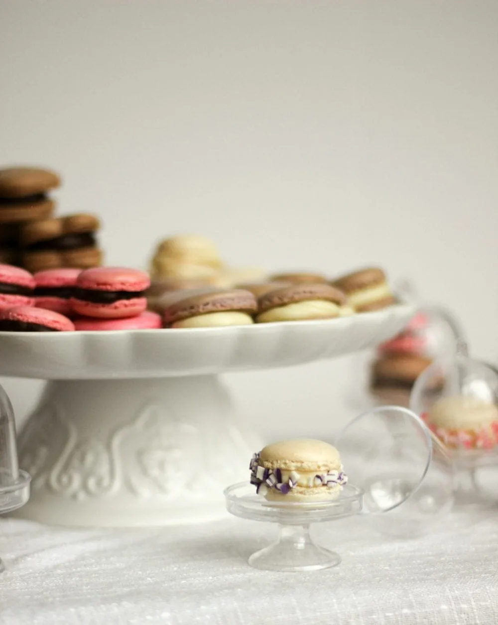 Mini French Macarons on cute stands.
