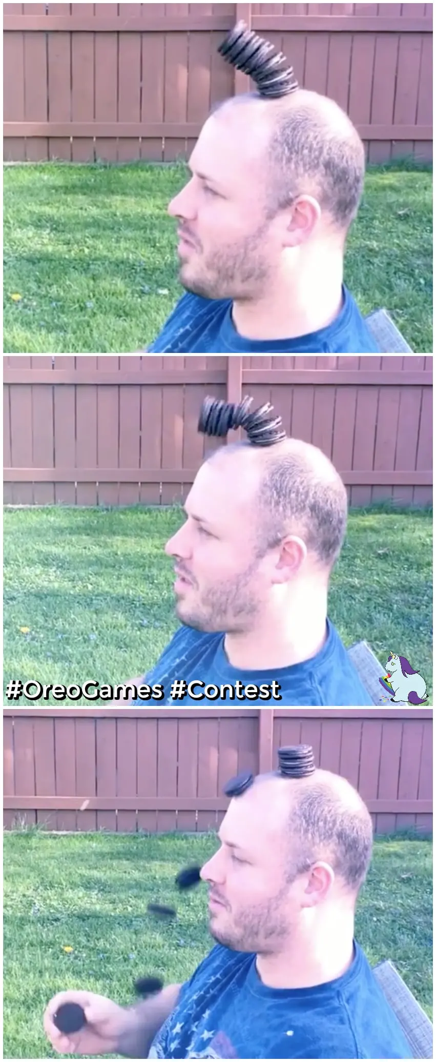 OREO cookies toppling over off a man's head. 