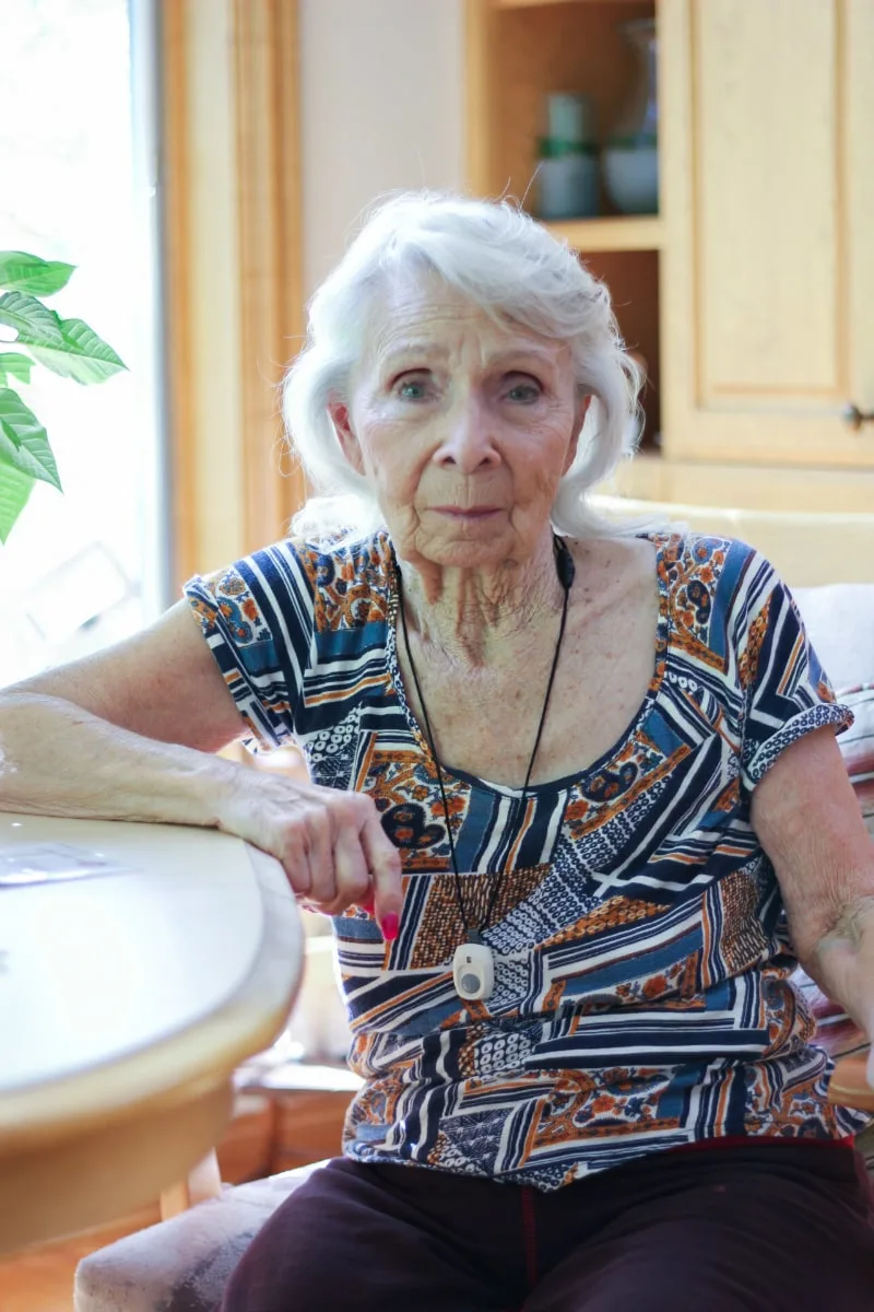 Our grandmother wearing a Bay Alarm Medical necklace. 