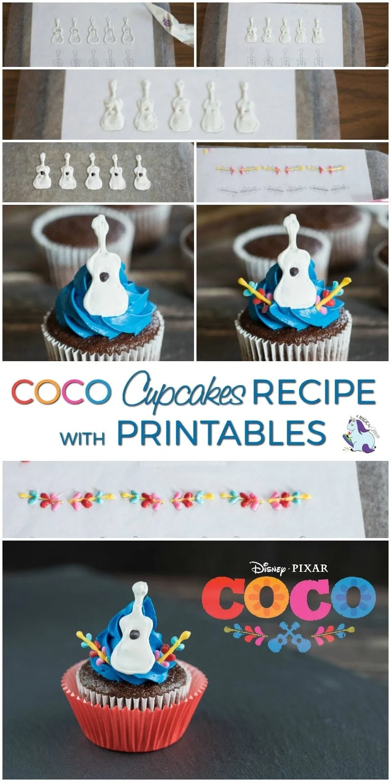 Cupcakes topped with a guitar and decorates inspired by the COCO movie. 