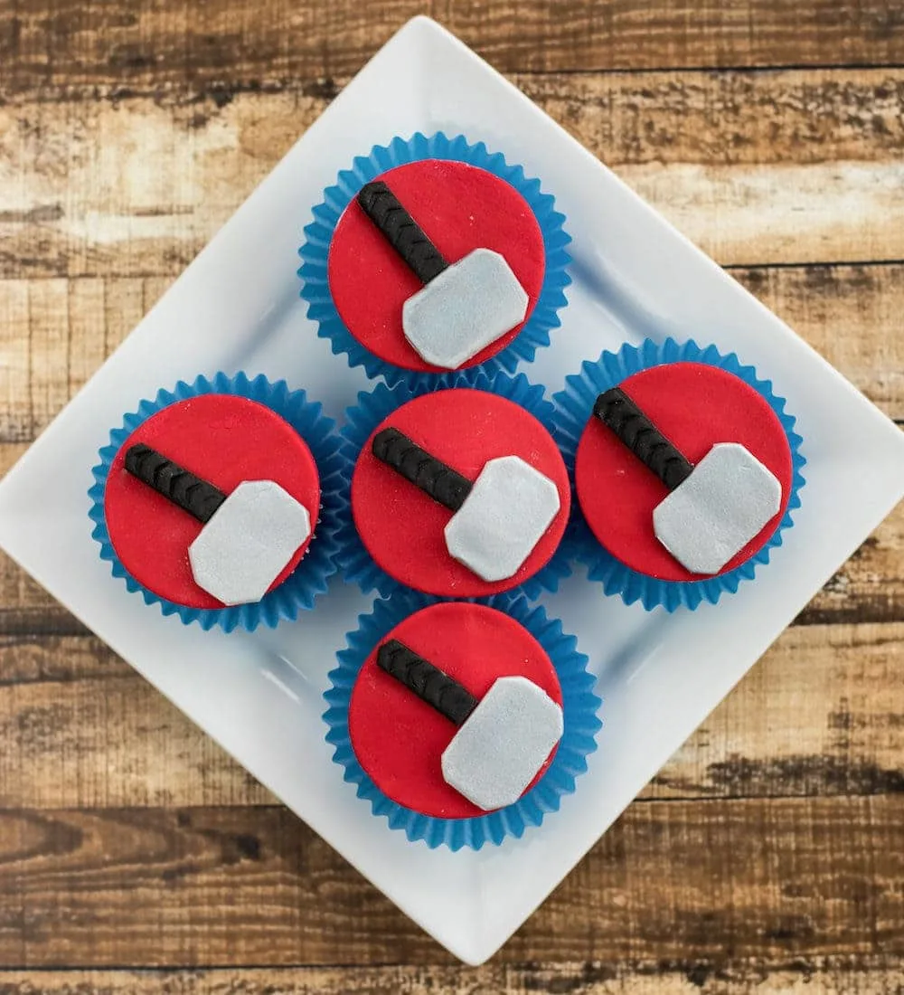 Cupcakes with red and silver hammer's for the Thor movie. 