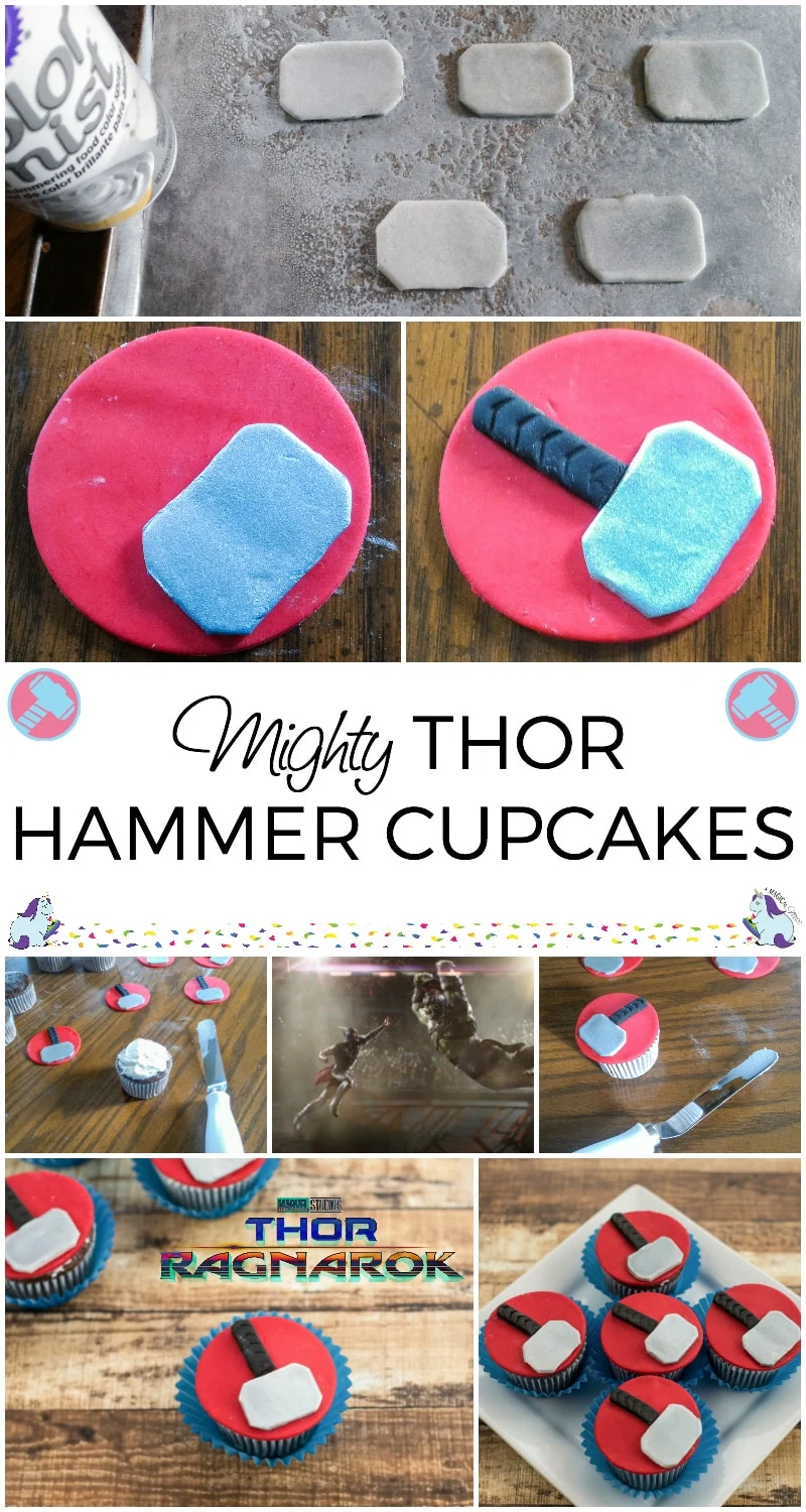 A collage of steps to make Thor's Hammer cupcakes. 