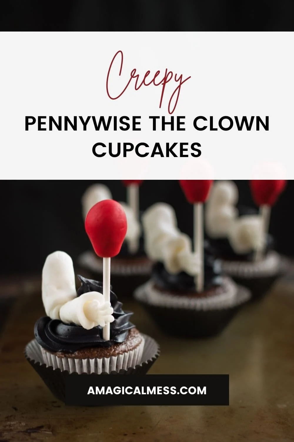 Creepy clown cupcakes with red balloons and black icing