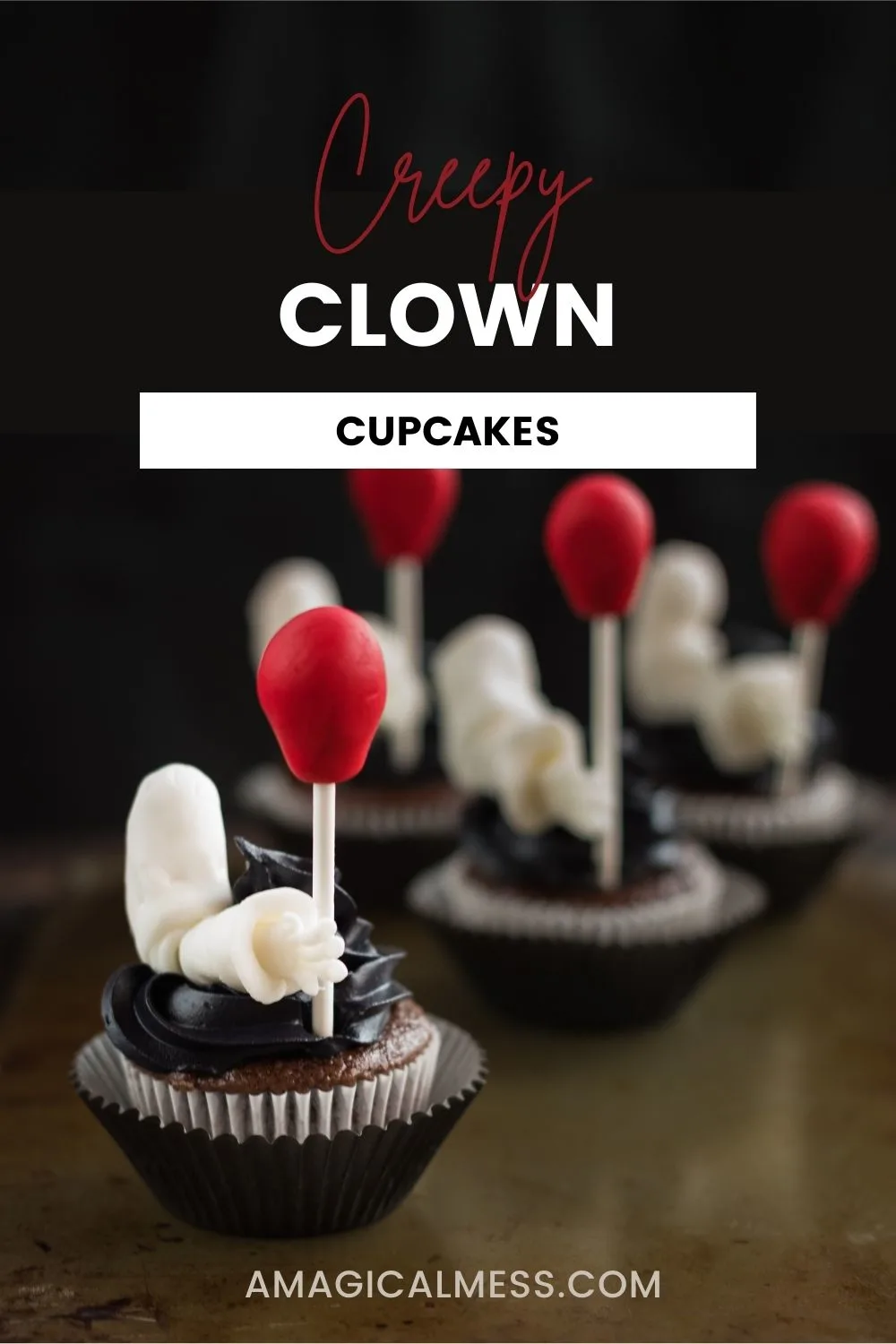 Clown cupcakes with red balloons.