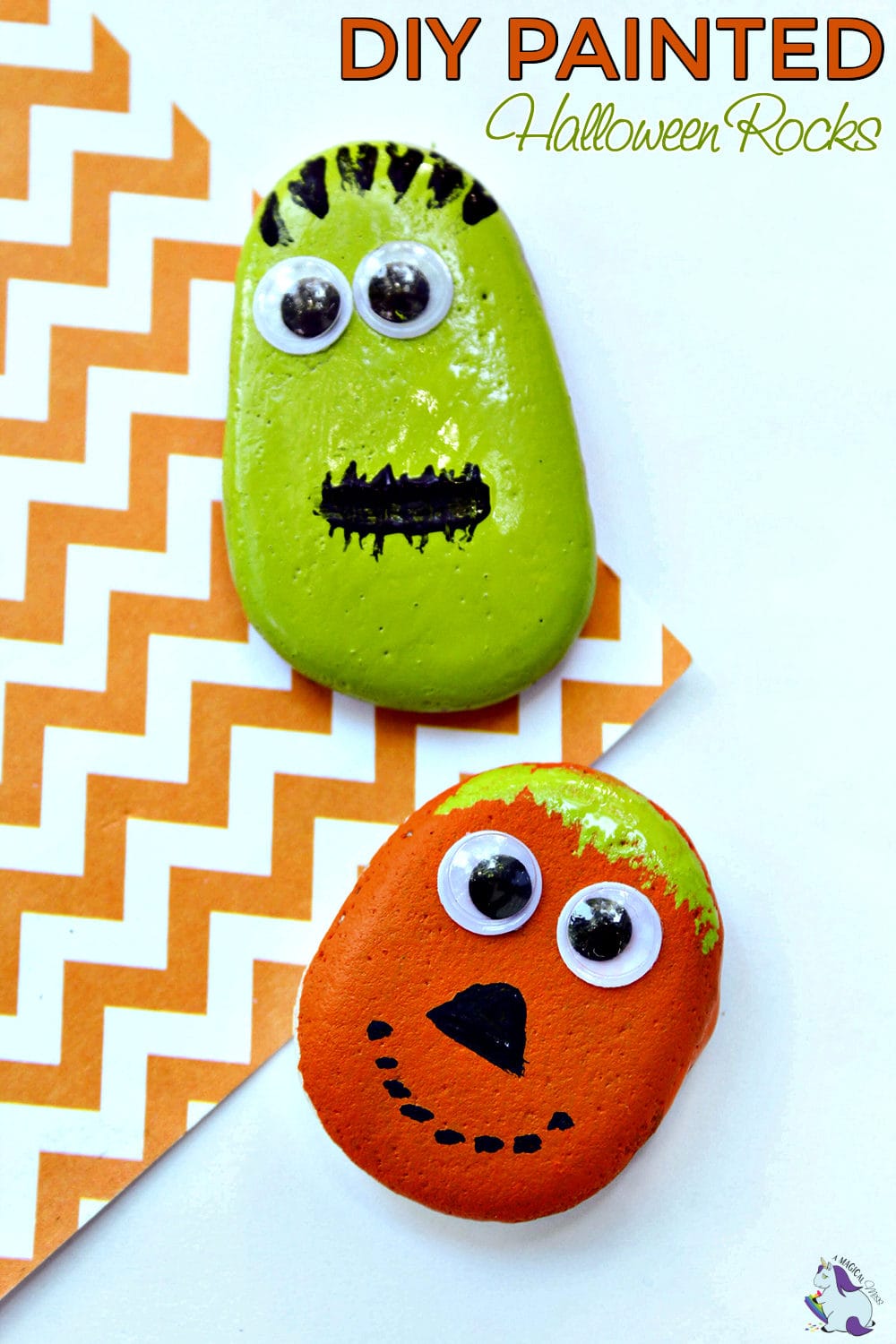 Halloween painted rocks. A pumpkin and a Frankenstein. 