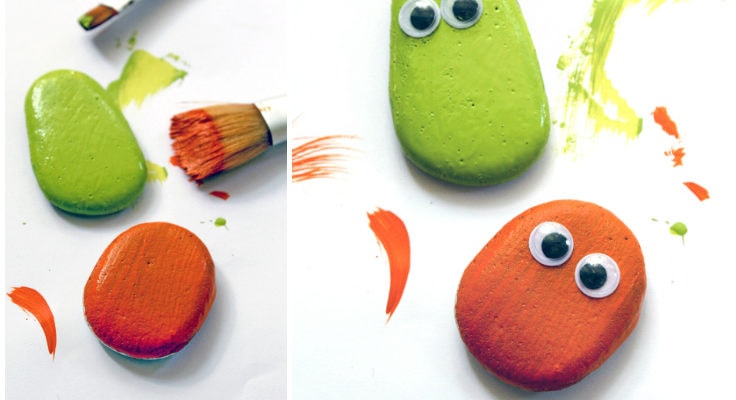 Hand painting flat rocks for Halloween.