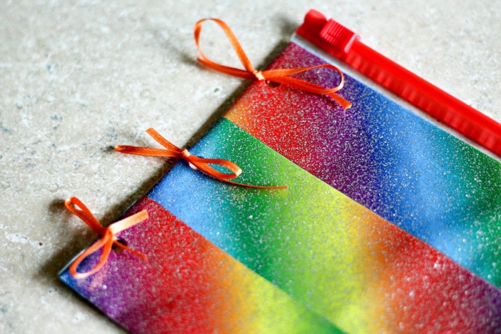 Ribbons on a rainbow bag. 