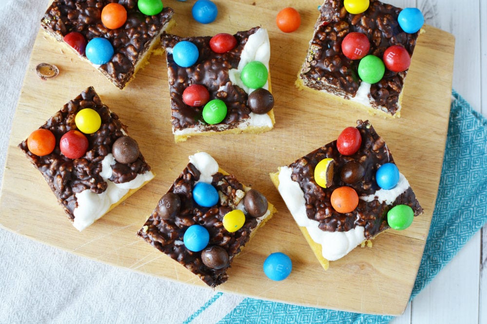 Cookie bars with marshmallows and rice krispie layers.