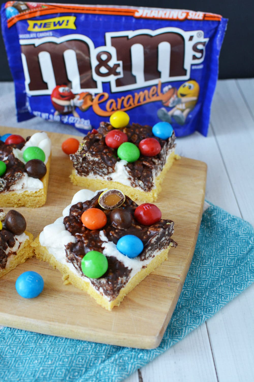 Caramel Cookie Bars next to Caramel M&Ms.