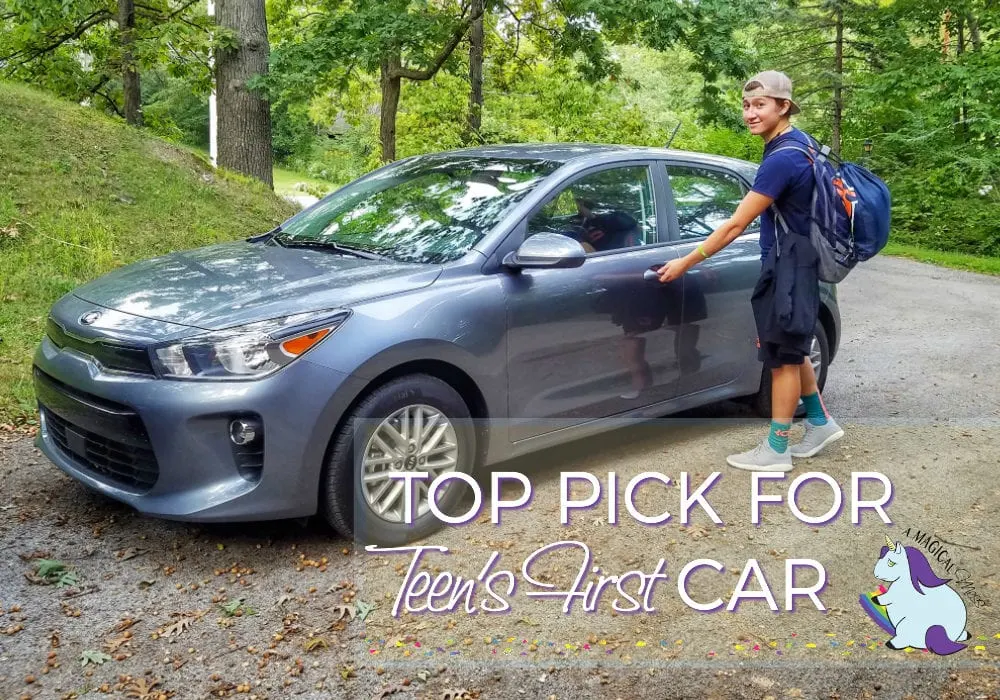 Teen getting into a Kia in the driveway. 