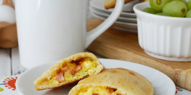 Cheese calzone with bacon and eggs for breakfast