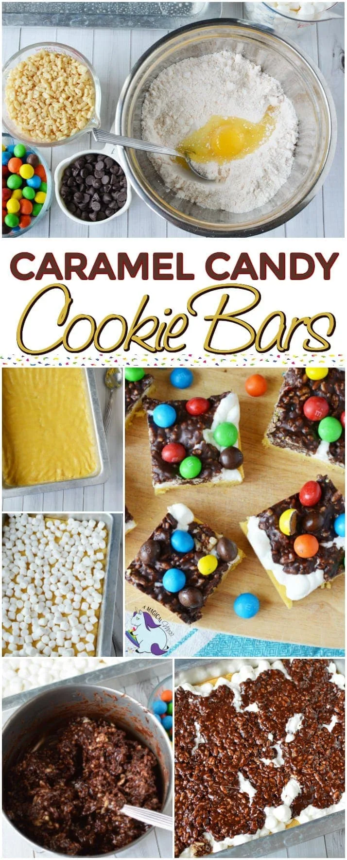 Caramel cookie bars ingredients in a collage.