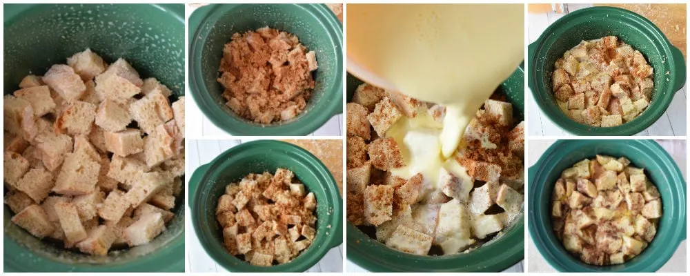 Pieces of bread in a slow cooker. 