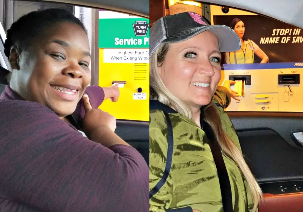 Natasha Nicholes and Shelley Van paying tolls. 