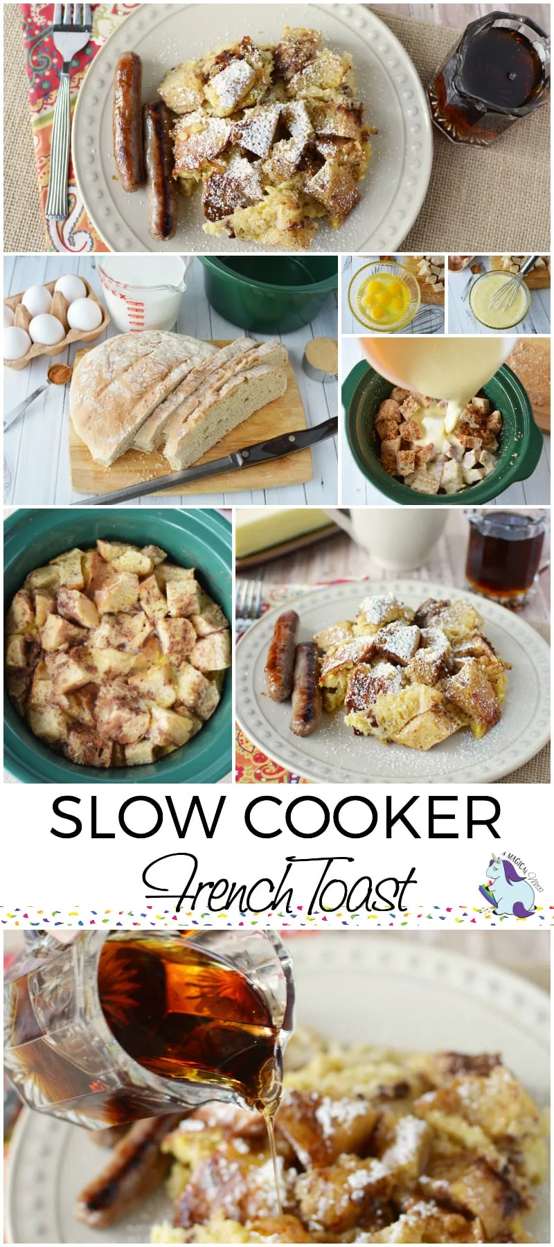 Bread and other ingredients in a slow cooker showing the steps to make slow cooker French Toast. 