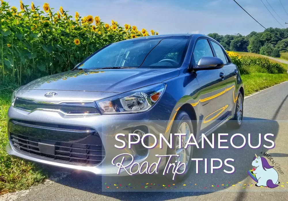 Kia Rio in front of sunflowers. 