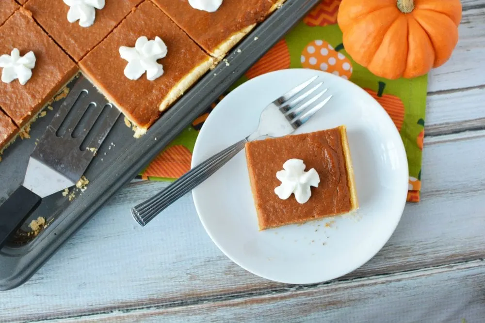 Slice of pumpkin pie slab on a plate.