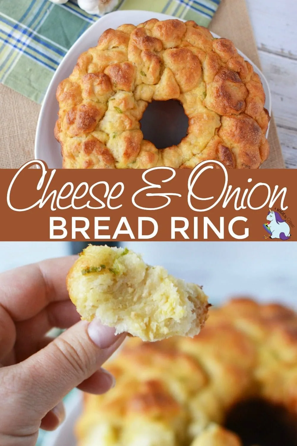 Cheesy pull apart bread ring and holding a piece of it. 