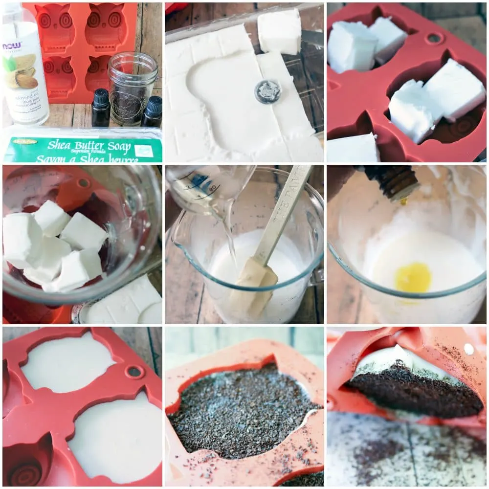 A collage of image showing the steps to make coffee soap. 