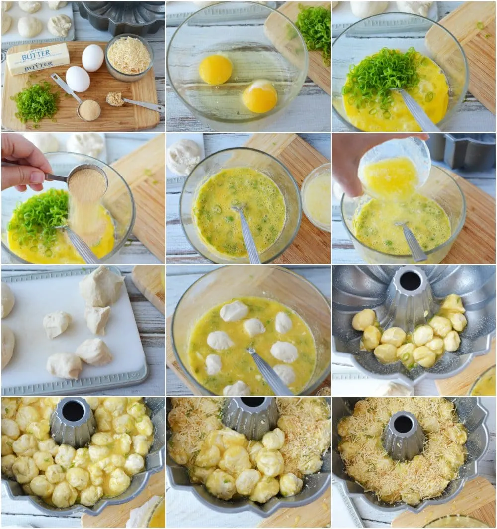 Eggs, onion, butter, cheese, and spices on a board and in bowls in process steps to make cheese bread. 