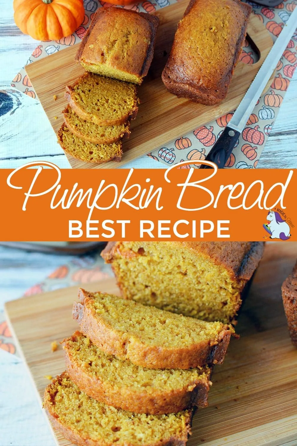 Sliced pumpkin bread on a cutting board.