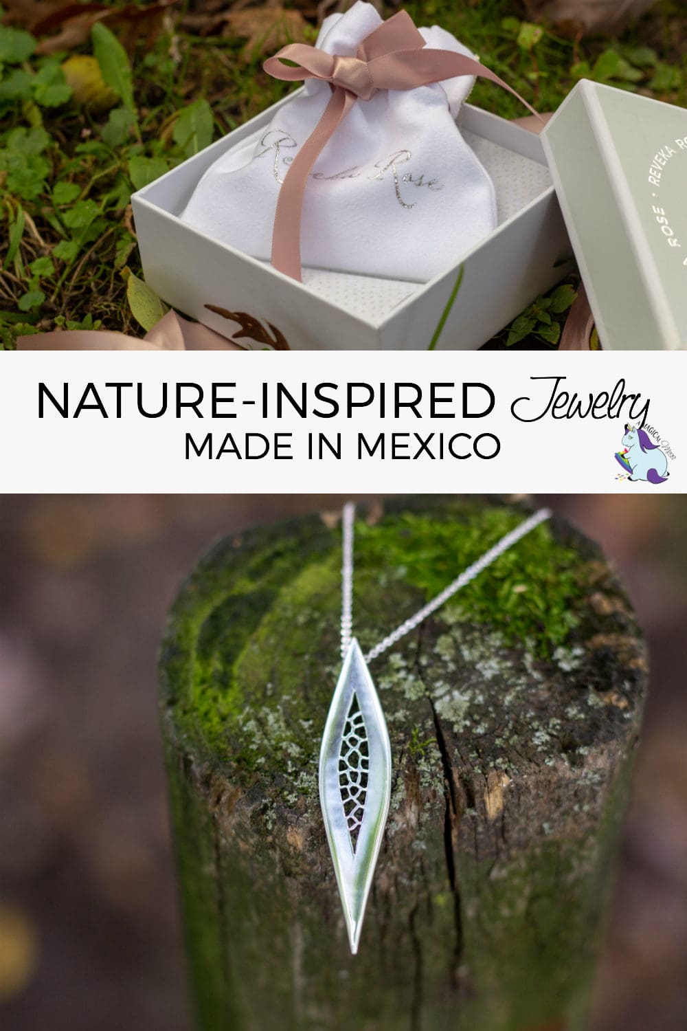 Reveka Rose Abstract Nature Pendant in a box and hanging on a stump. 