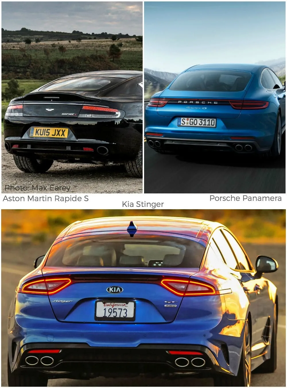 Collage of an Aston Martin, Porsche, and Kia Stinger. 