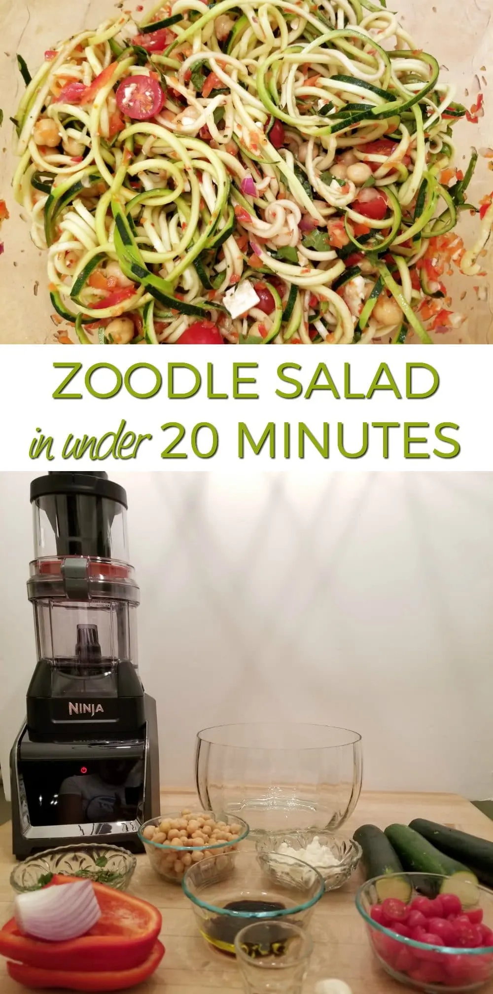 Zoodle salad and the Ninja blender with bowls of ingredients. 