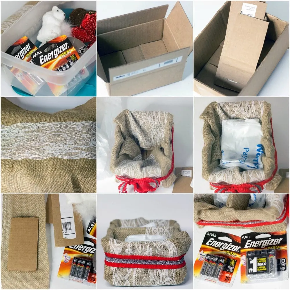 Energizer batteries, a box, and holiday decorations in a collage showing the steps to make a battery basket. 