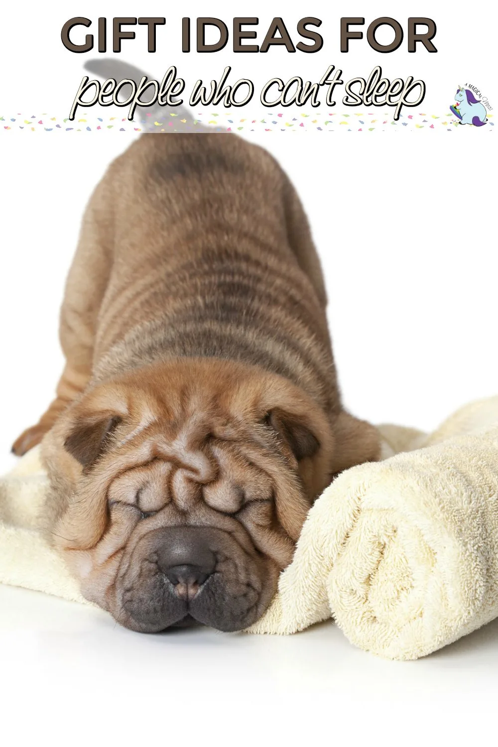 Wrinkly dog who looks sleepy on a blanket. 