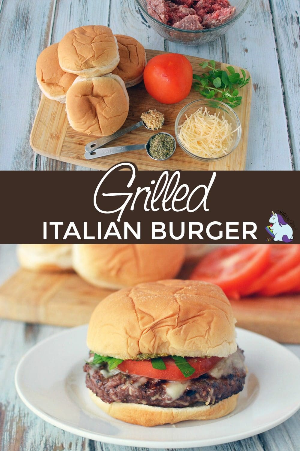 Burger ingredients and complete burger with toppings