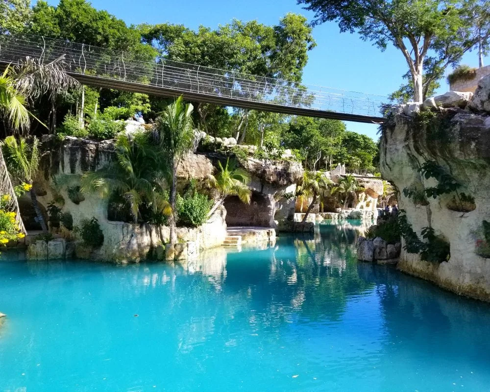 Bright blue water around Hotel XCaret.