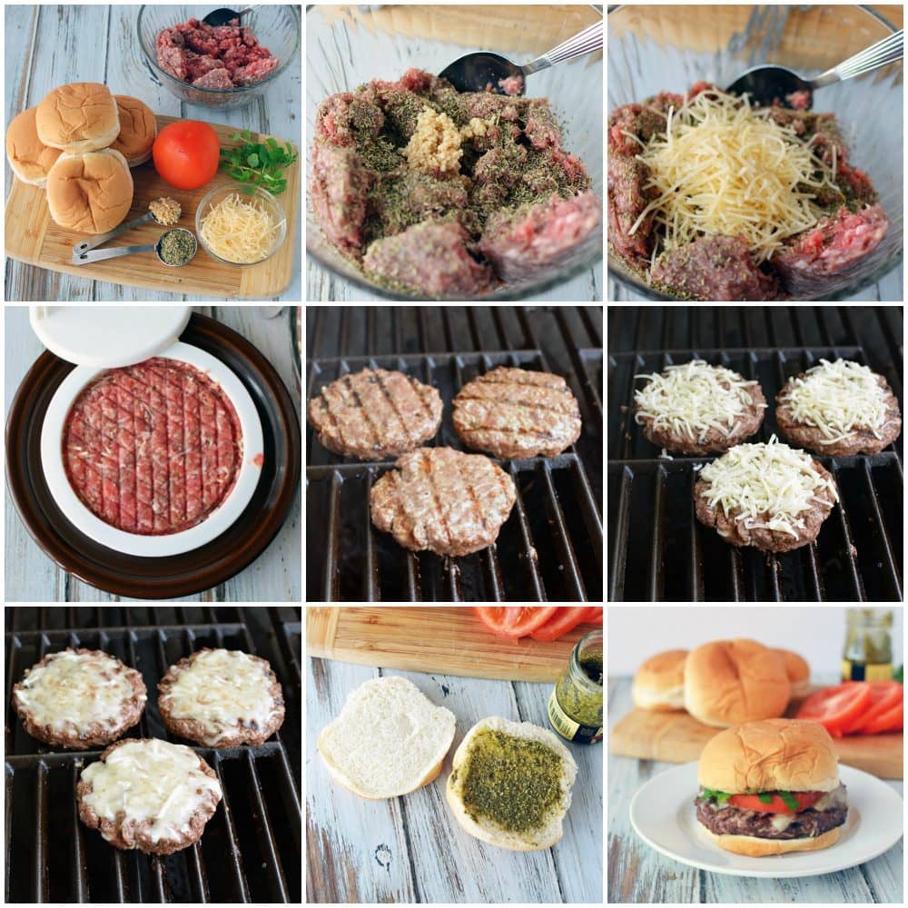 Collage of pictures showing the steps to make a grilled Italian burger. 