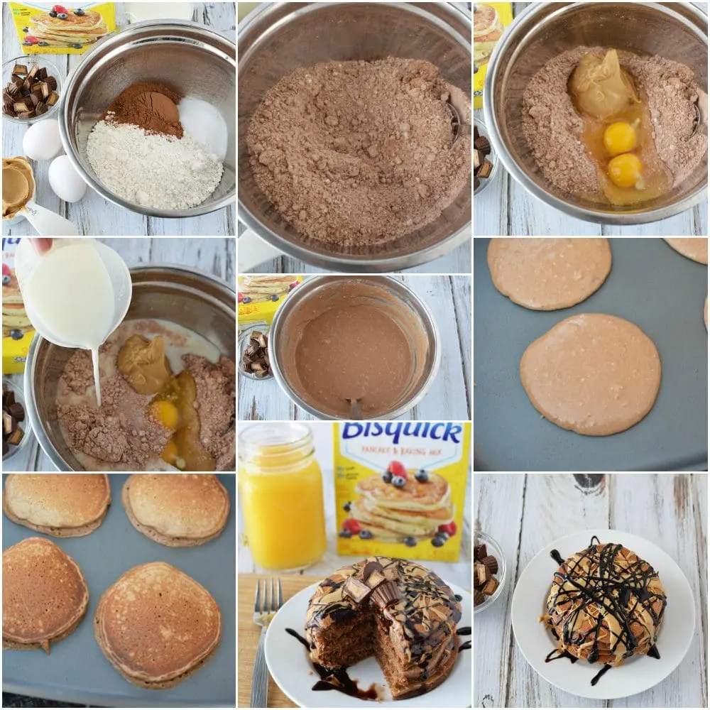 Stirring chocolate pancake mix in a bowl and all the steps to make them in a collage. 