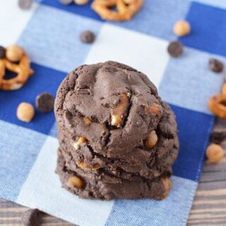 Chocolate cookies with pretzels in them.