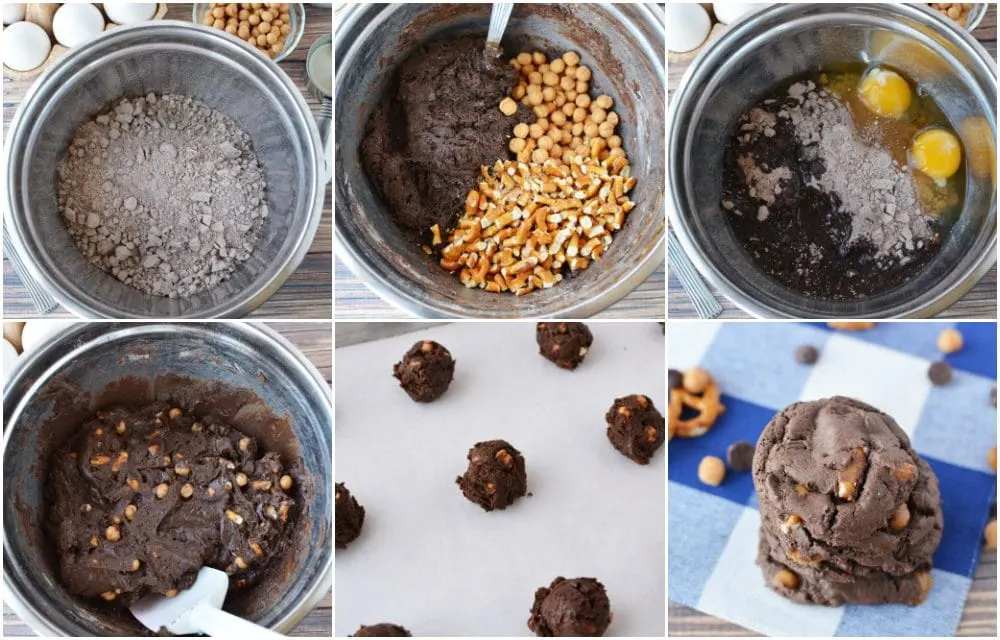 Chocolate and caramel cookies with pretzels