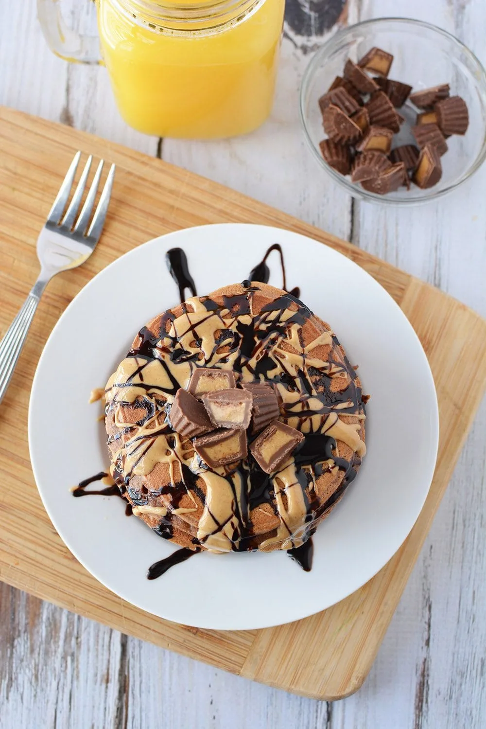 Peanut Butter Pancakes with chocolate and pb cups.