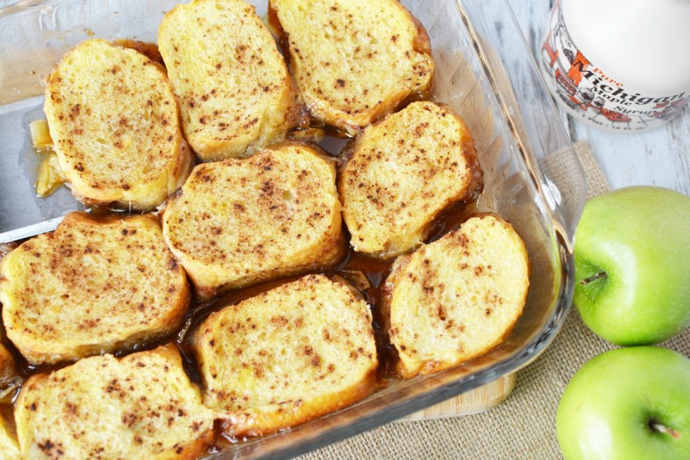 Slices of french toast in a baking dish.