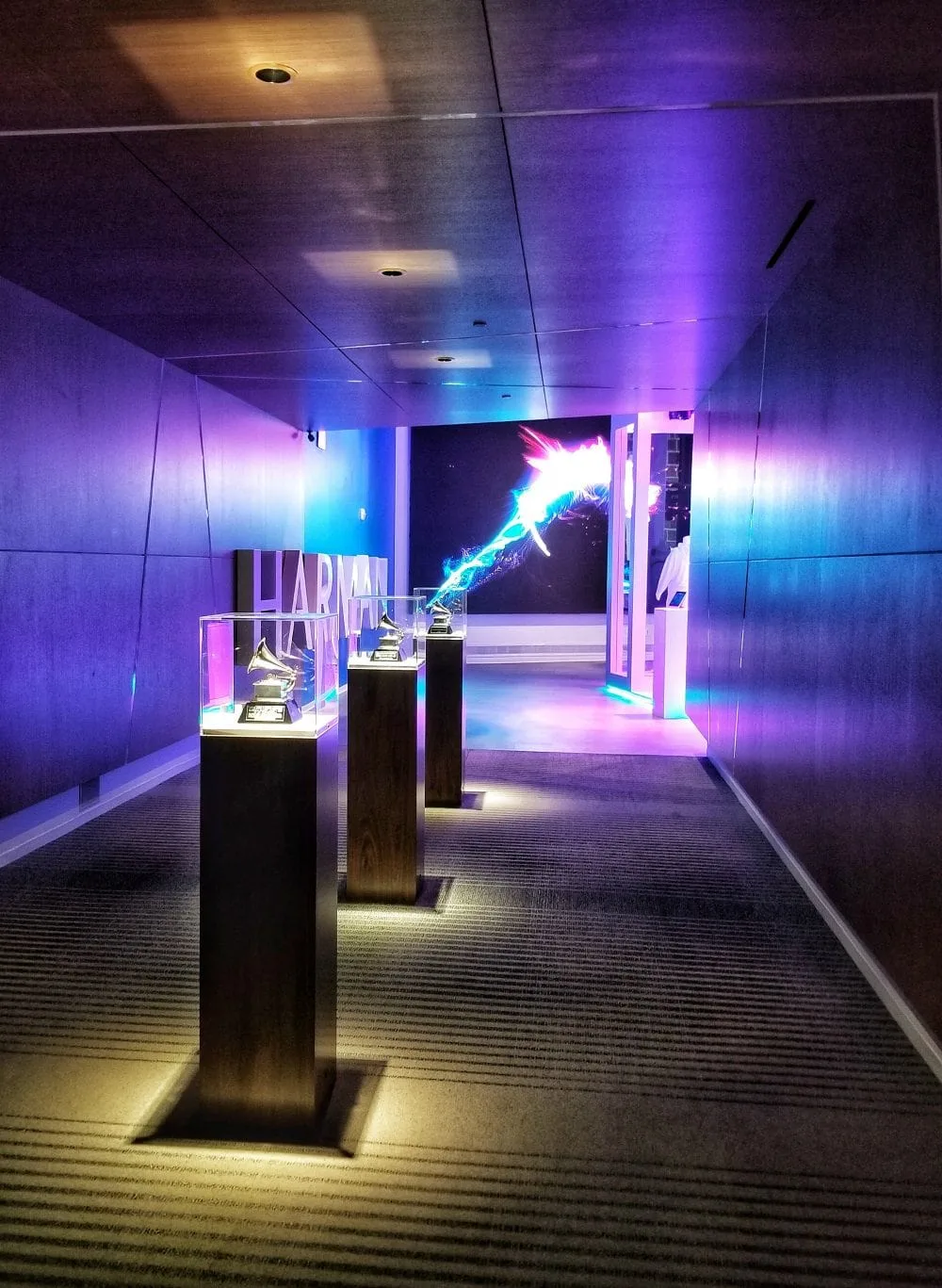 Grammy awards in the hallway at the Harman Experience Center. 