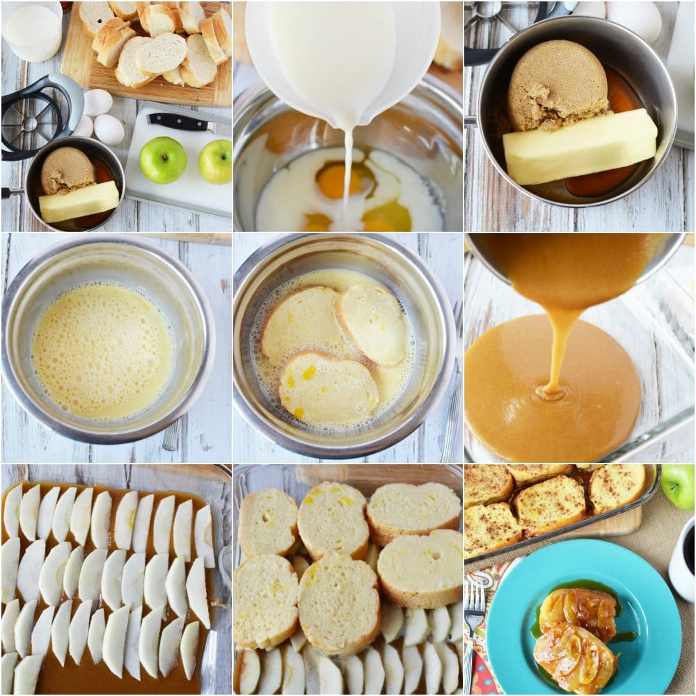 French toast, apples, and all the steps to make the breakfast in a collage. 