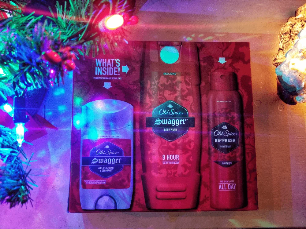 Old Spice gift set under a Christmas tree. 