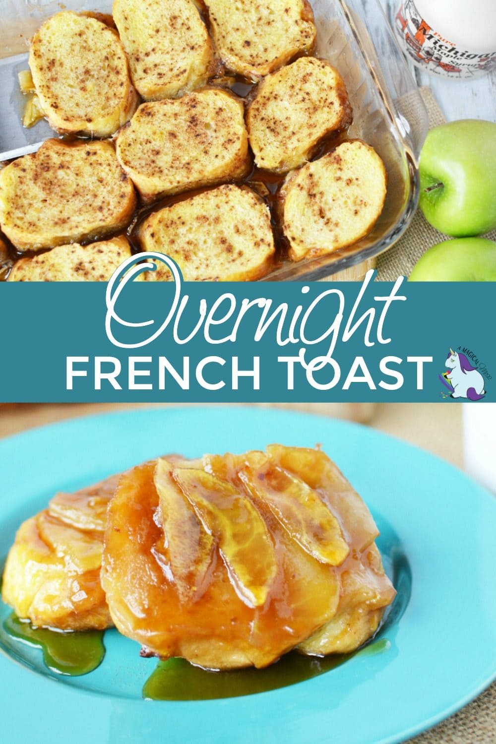 French toast in a baking dish and on a plate topped with apples