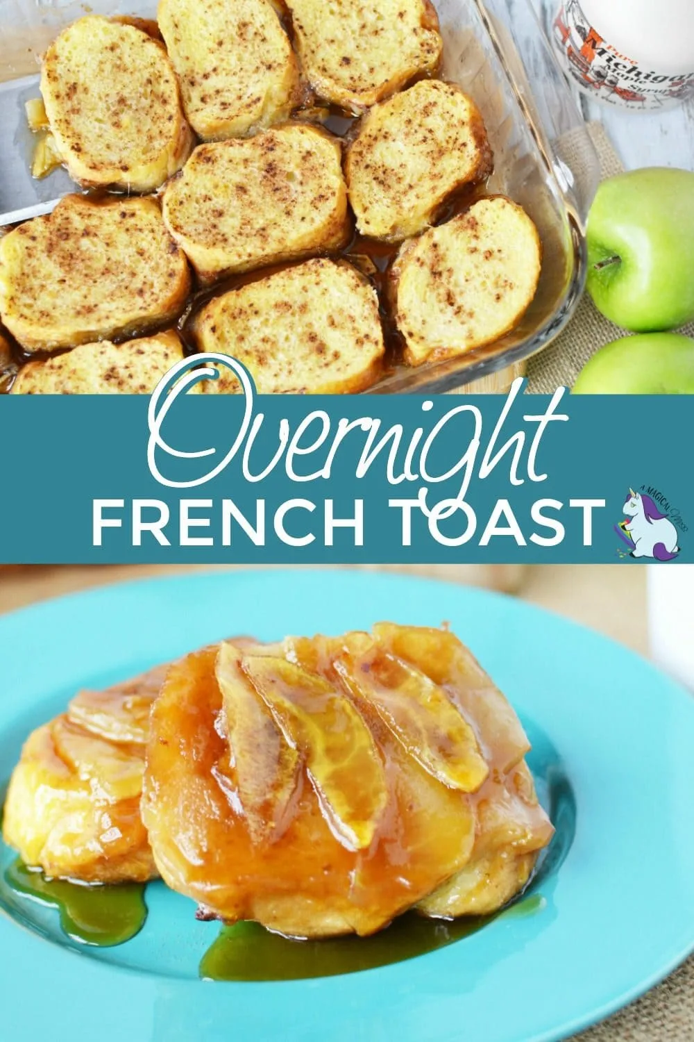 French toast in a baking dish and on a plate topped with apples.