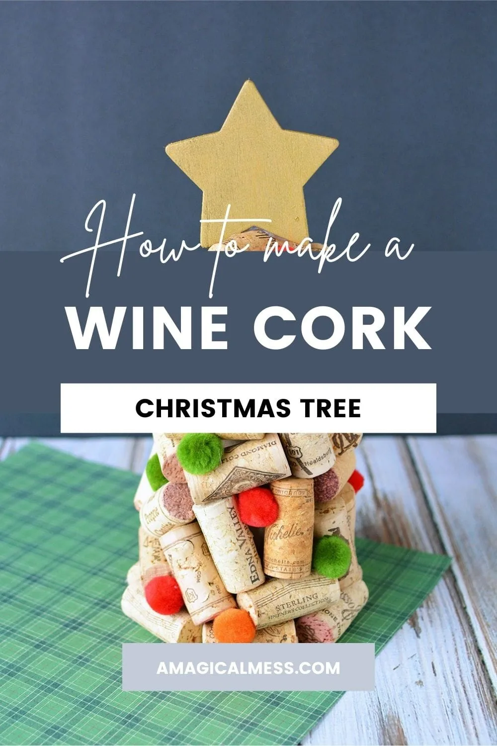 Wine corks Christmas Tree on a green napkin. 