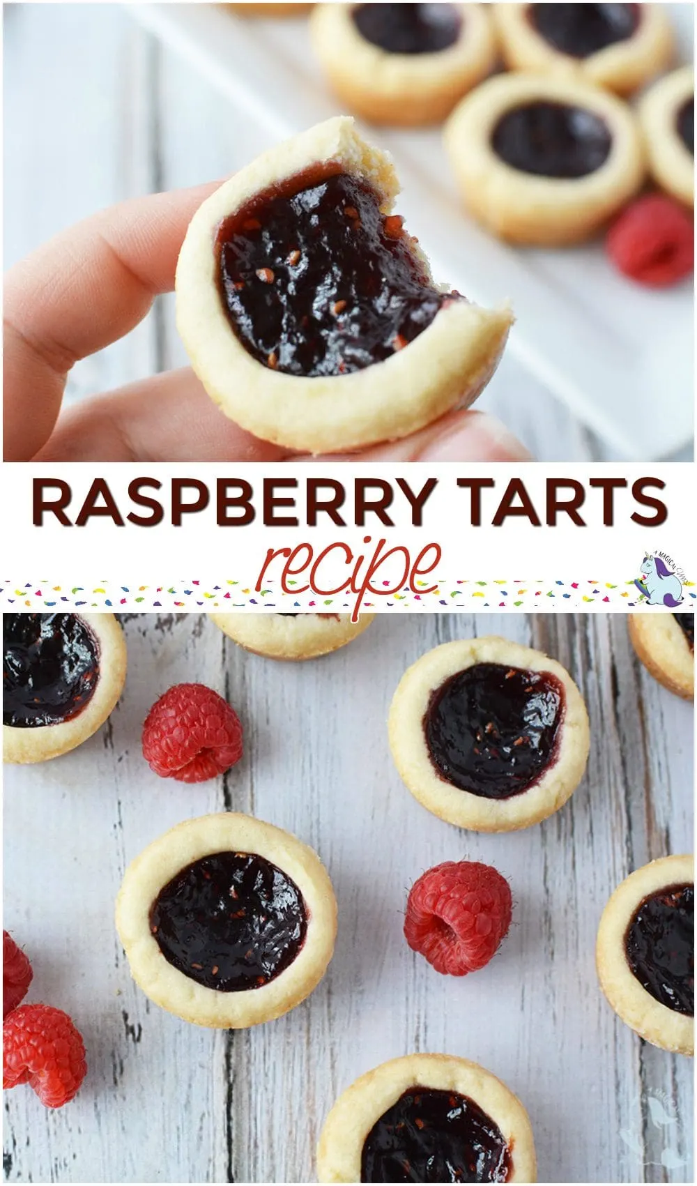 Raspberry tarts on a table and one in a hand with a bite missing. 