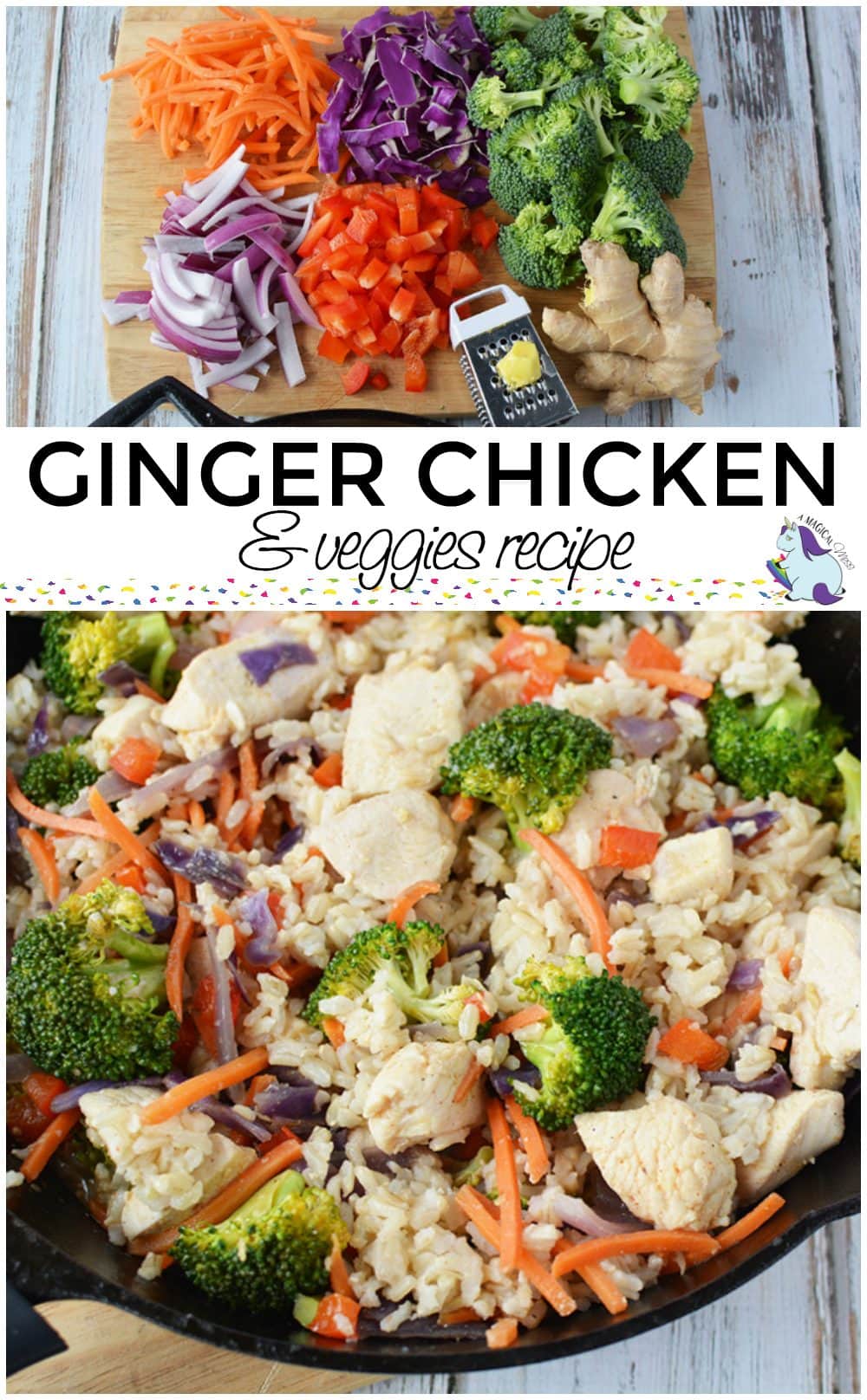 A board with chopped veggies and ginger and a skilled filled with chicken and rice. 
