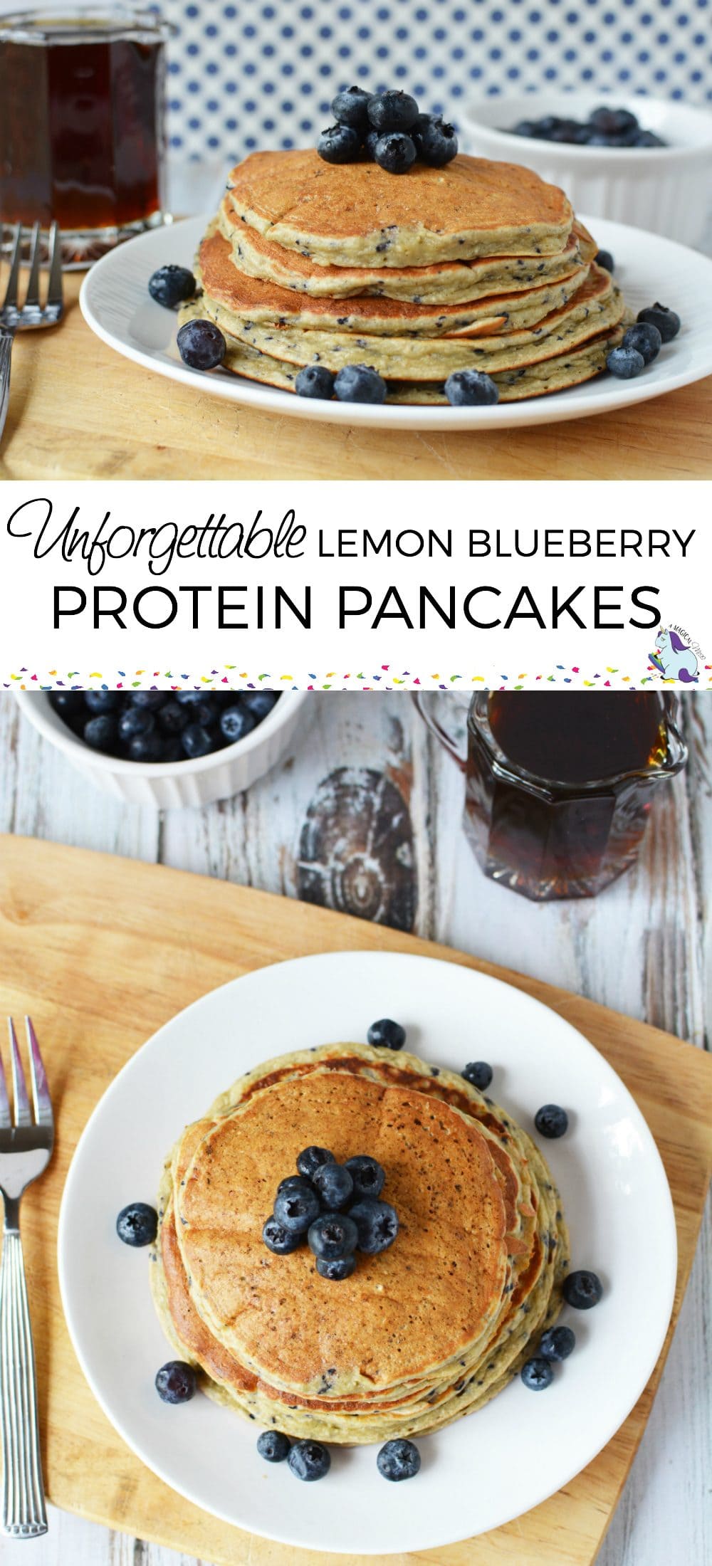 Lemon Blueberry Protein Pancakes stacked on a plate. 